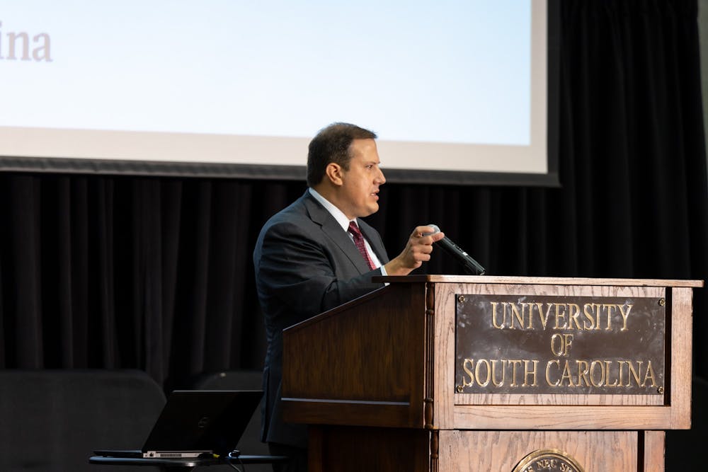 <p>Thad Westbrook, chairman of the University of South Carolina Presidential Search Committee, speaks at a town hall Thursday. The committee hosted the town hall so members of the public could have their voices heard.</p>