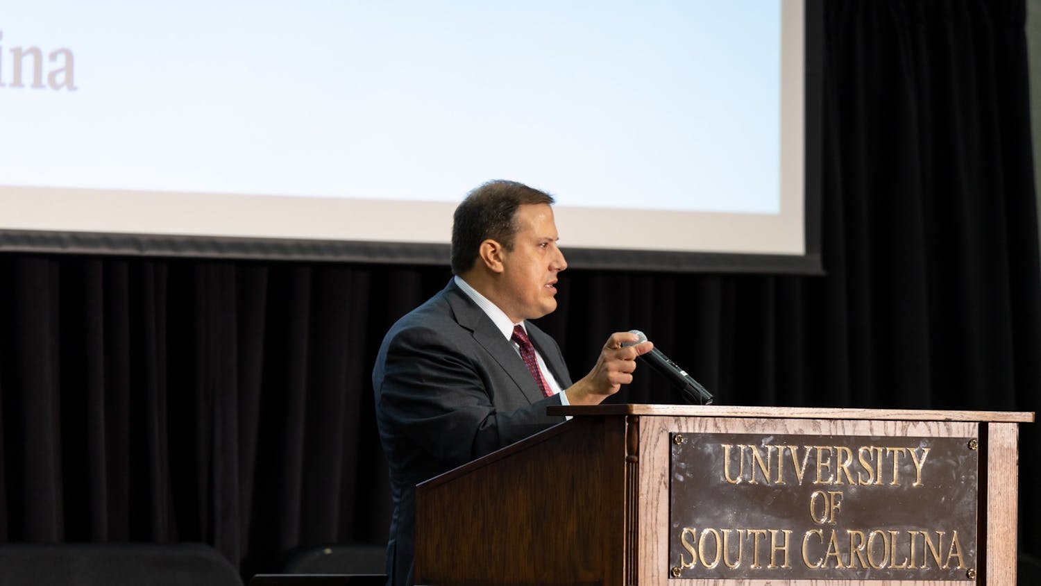 Thad Westbrook, chairman of the University of South Carolina Presidential Search Committee, speaks at a town hall Thursday. The committee hosted the town hall so members of the public could have their voices heard.
