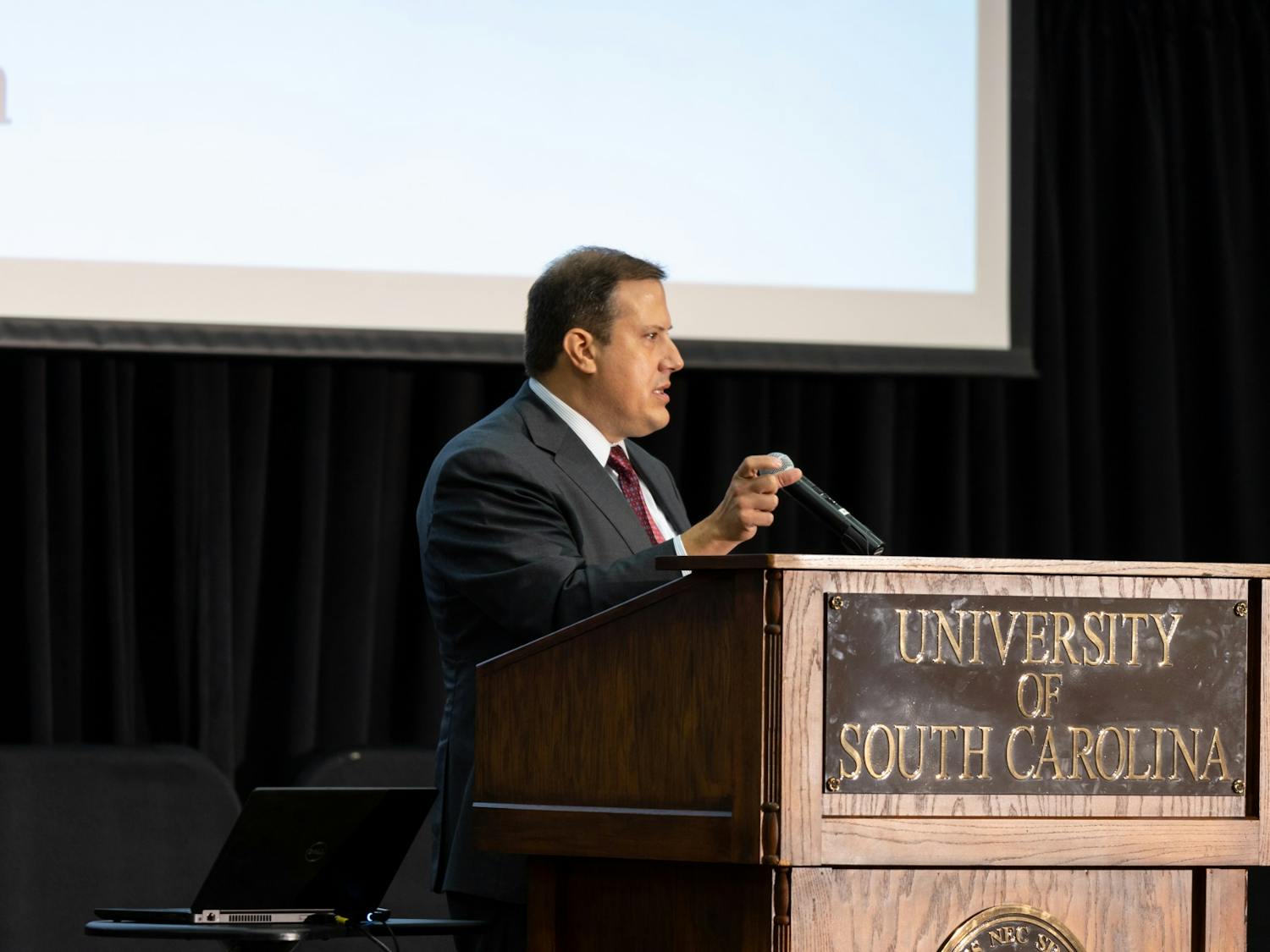 Thad Westbrook, chairman of the University of South Carolina Presidential Search Committee, speaks at a town hall Thursday. The committee hosted the town hall so members of the public could have their voices heard.