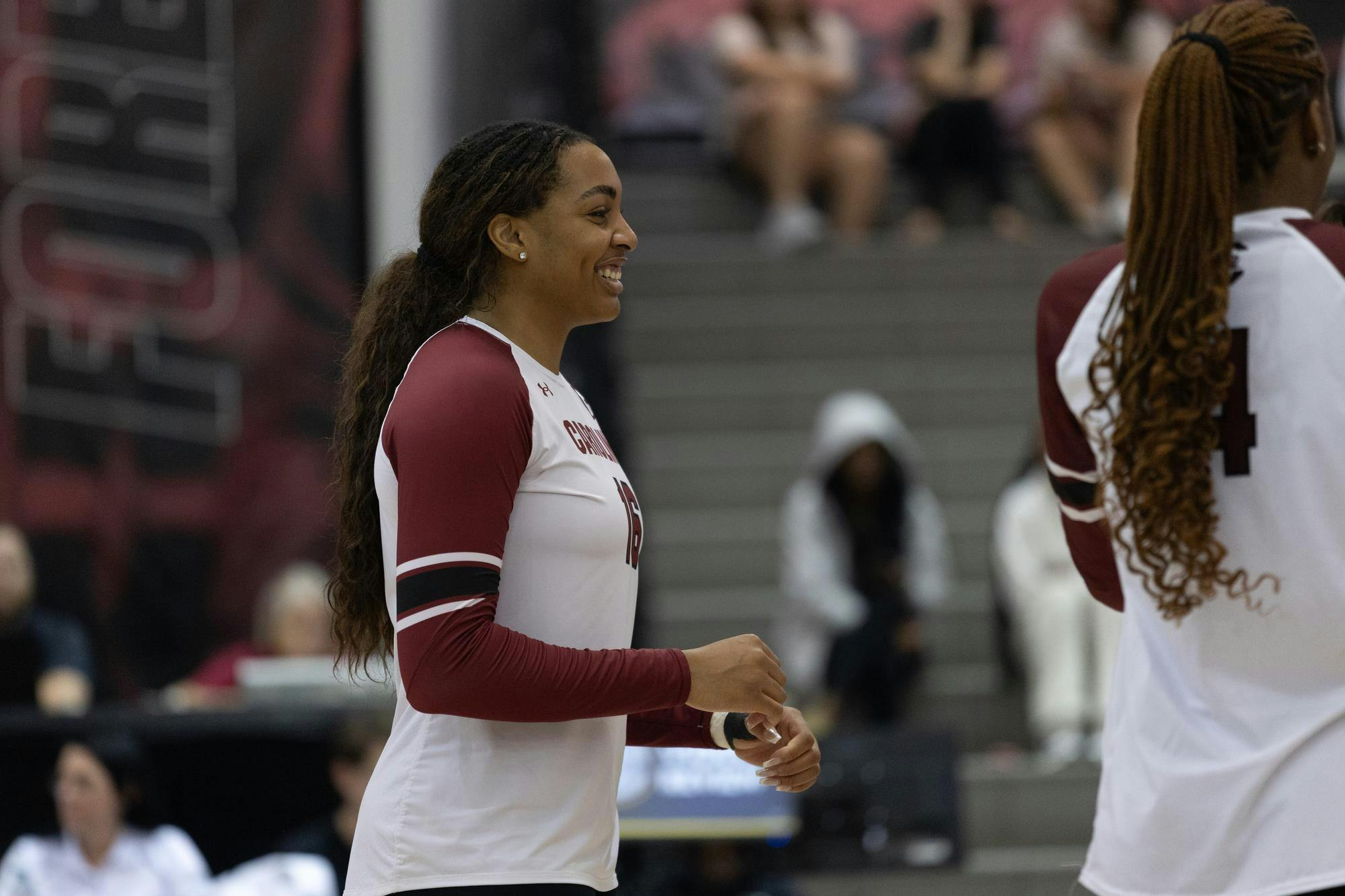 FILE - Senior middle blocker Oby Anadi smiles in the game against Stetson on Sept. 13, 2024. Anadi headed into the 2024 season coming off of both offensive and defensive career highs.