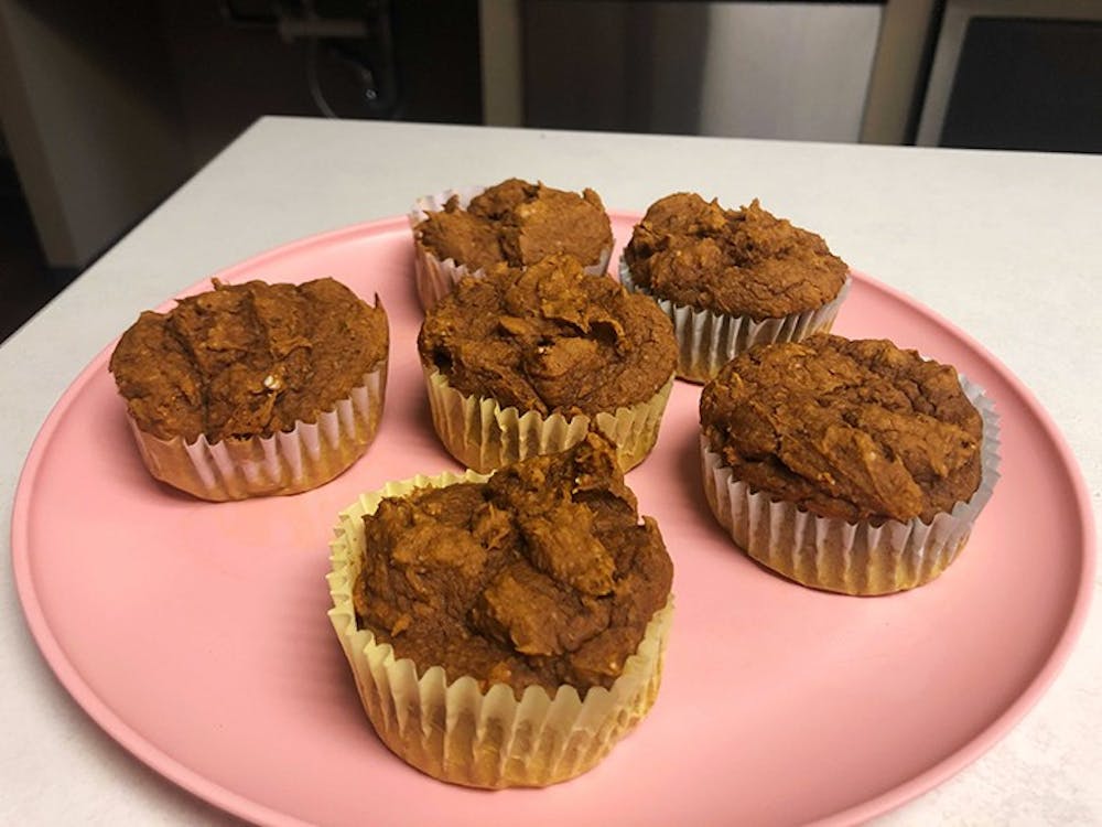 Pumpkin muffins sitting on a plate. The muffins are perfect for fall.
