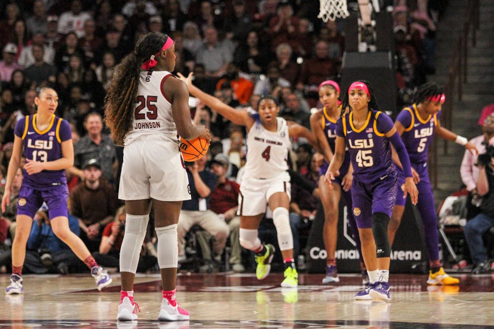 <p>FILE – Then freshman guard Raven Johnson looks down the court during South Carolina’s game against LSU on Feb. 12, 2023. College GameDay will return to Colonial Life Arena for the two teams' matchup on Jan. 23, 2025.</p>