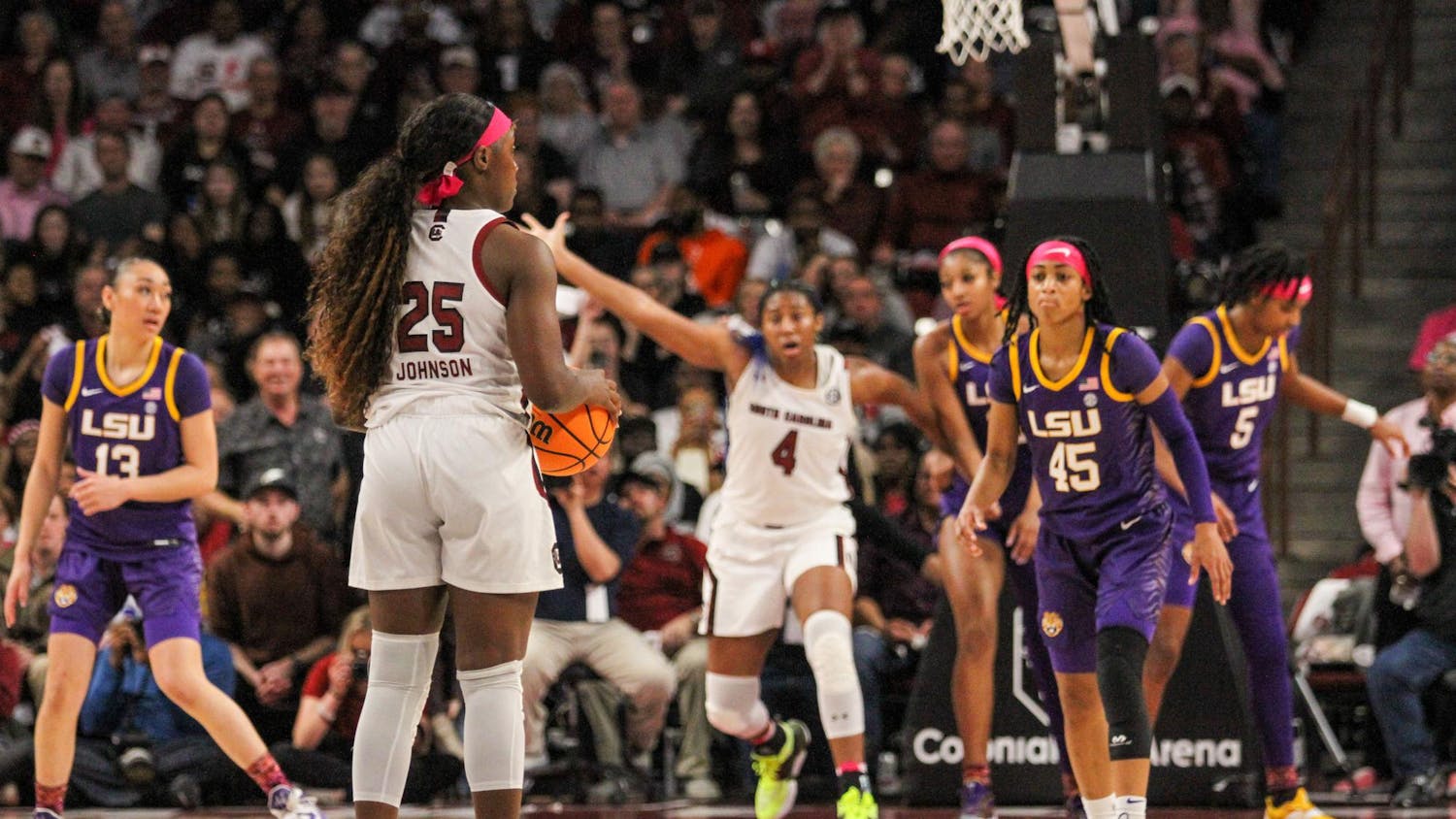 FILE – Then freshman guard Raven Johnson looks down the court during South Carolina’s game against LSU on Feb. 12, 2023. College GameDay will return to Colonial Life Arena for the two teams' matchup on Jan. 23, 2025.