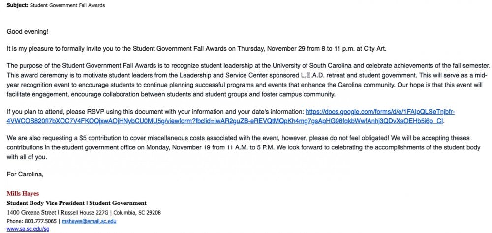 <p>Mills' Student Government Fall Awards RSVP email.</p>