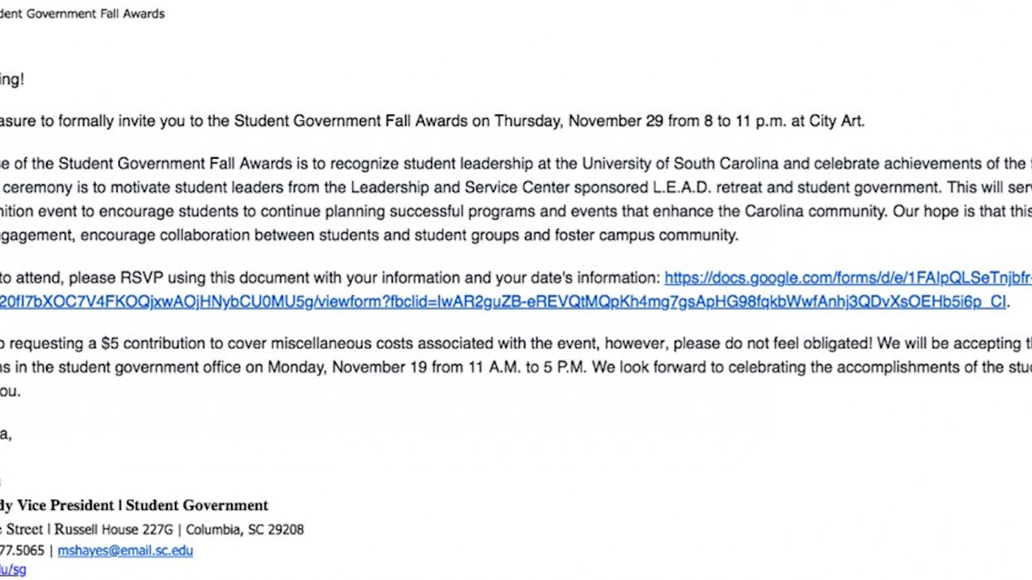 Mills' Student Government Fall Awards RSVP email.