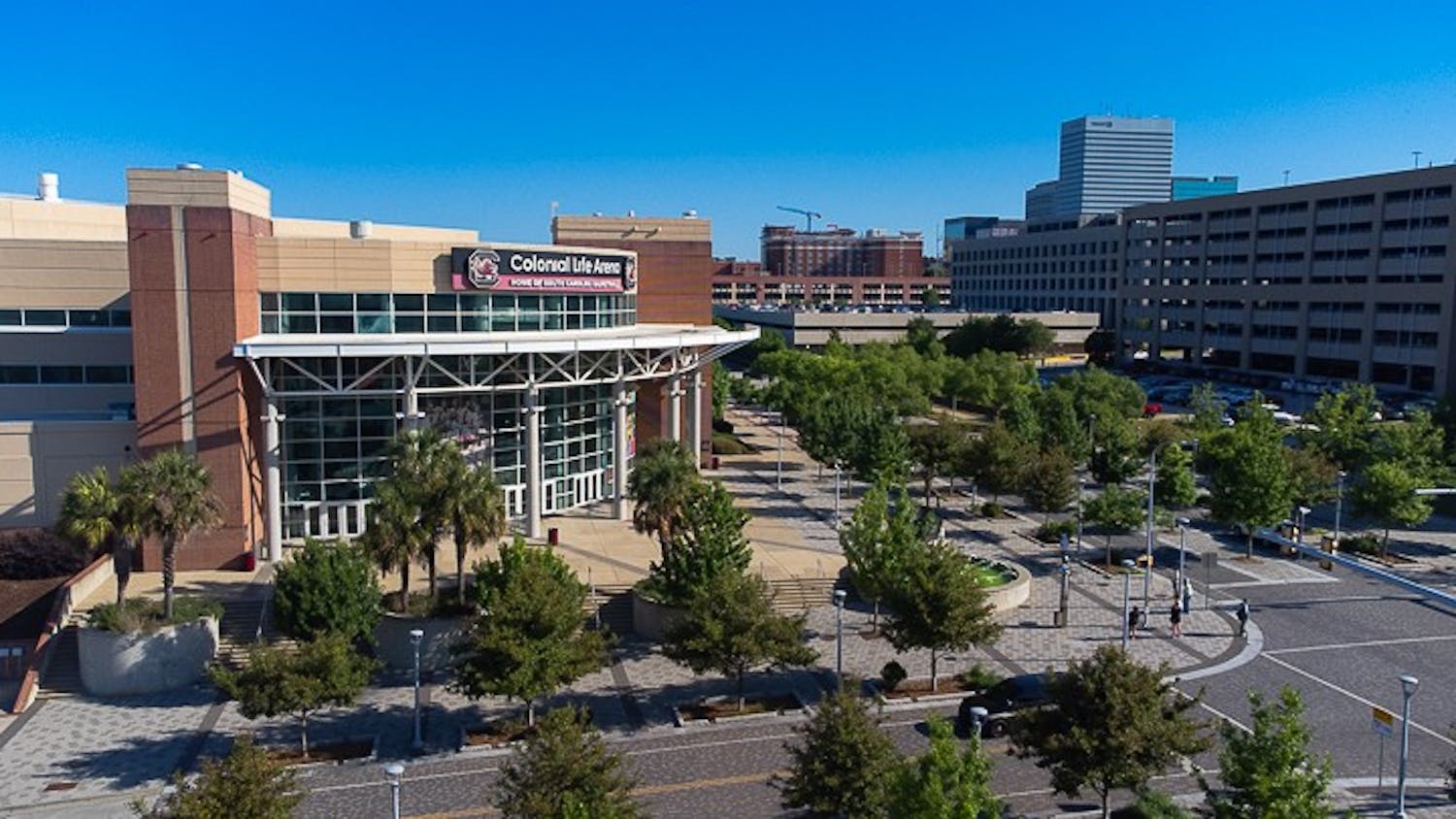 Aerial view of Colonial Life Arena entrance on May 17th, 2022.