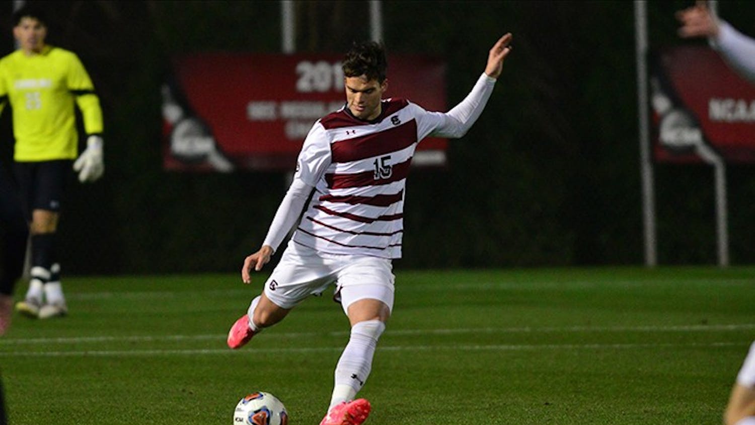 Sophomore defender Mike Roby kicks the ball during the Gamecocks’ win over USC Upstate Wednesday. South Carolina won 2-1 in overtime.