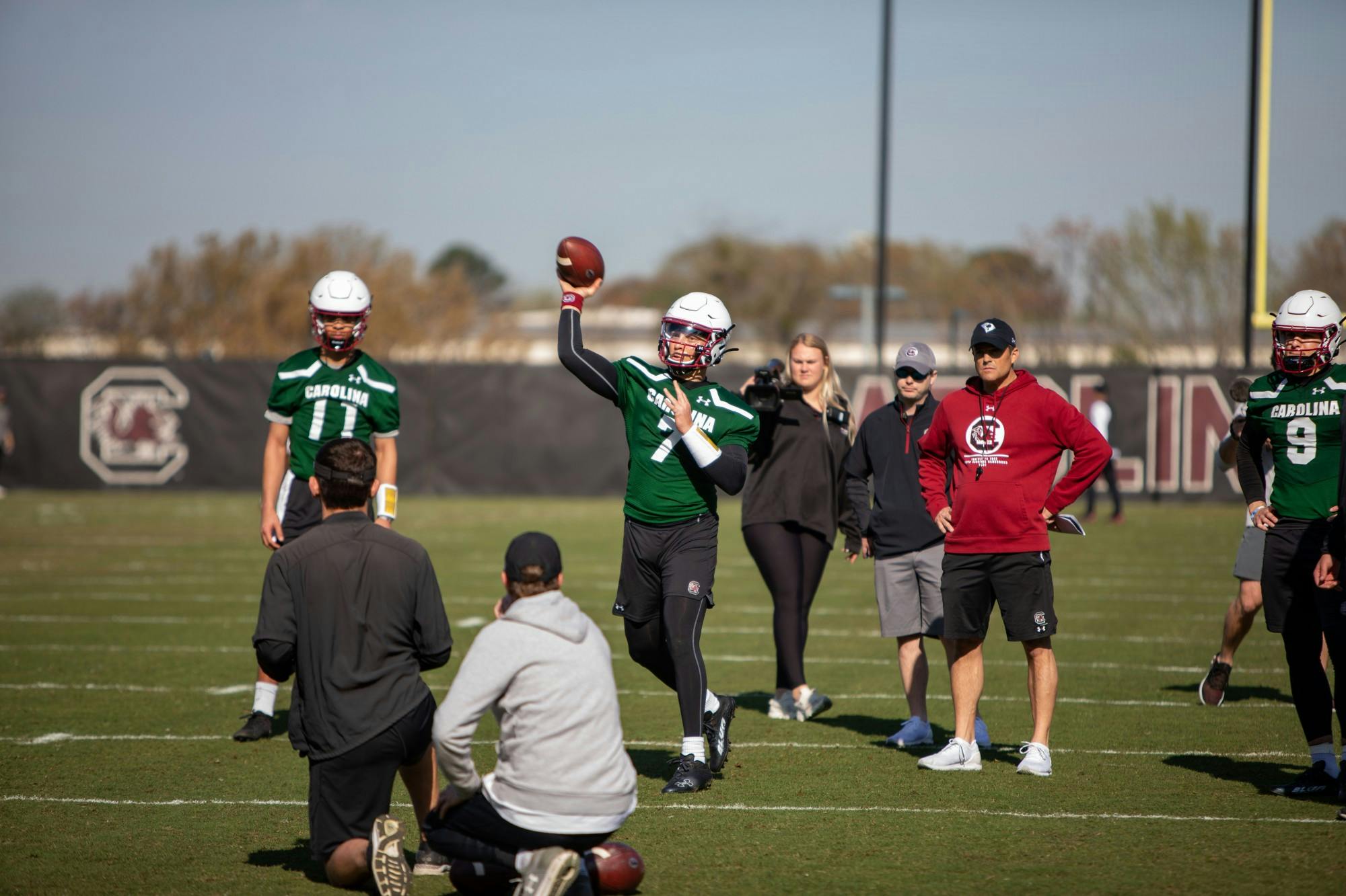 FILE— Beamer watches team as redshirt junior Spencer Rattler tosses during spring practice.