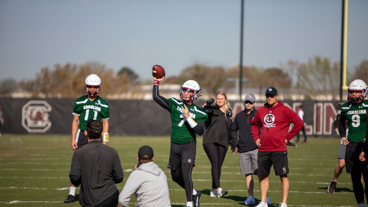FILE— Beamer watches team as redshirt junior Spencer Rattler tosses during spring practice.