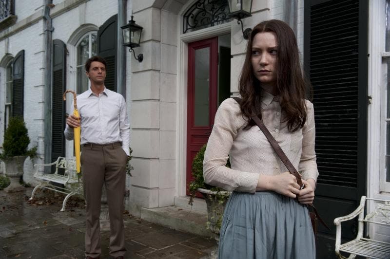 	India (Mia Wasikowska, right) falls prey to the creepy whims of her smoldering Uncle Charles (Matthew Goode, left) in “Stoker.” 