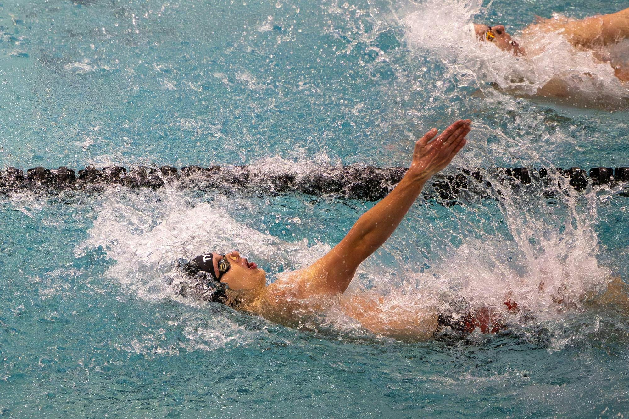 Junior backstroke swimmer Ryan Hufford competes in the men’s 100-yard backstroke event against North Carolina on Nov. 7, 2025, at the Carolina Natatorium. Hufford finished in first place with a time of 47.23 seconds.