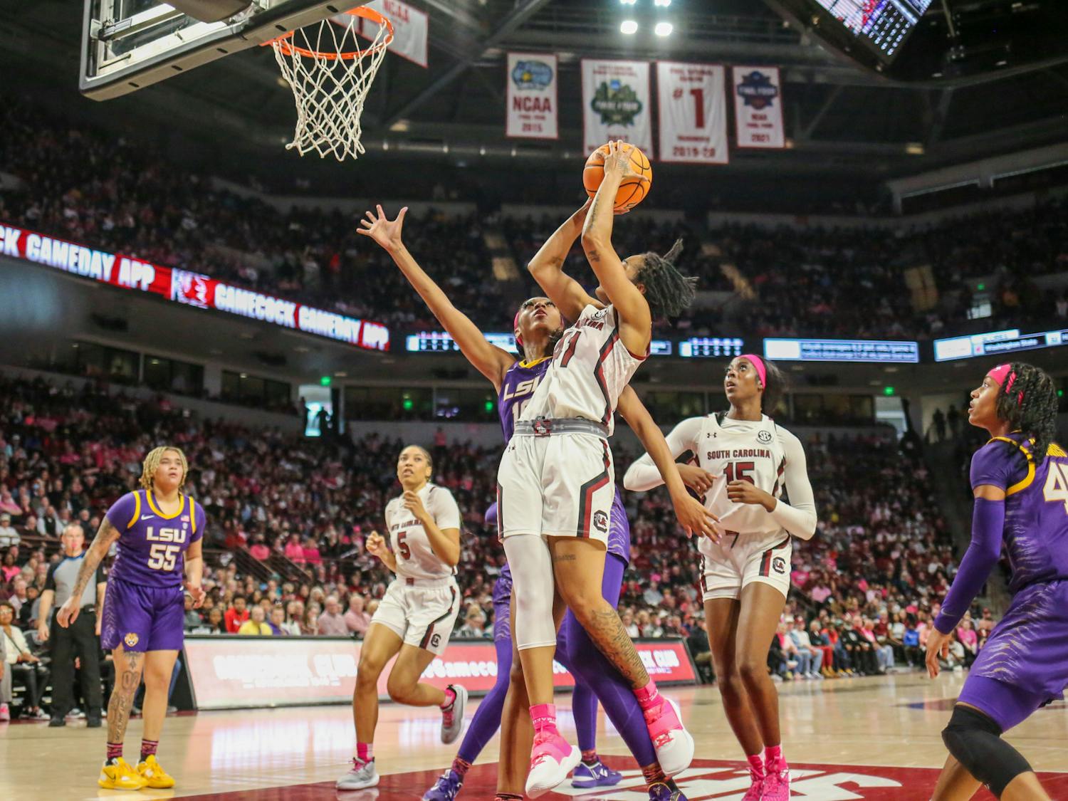 Graduate guard Kierra Fletcher goes up for a shot during South Carolina’s game against LSU at Colonial Life Arena on Feb. 12, 2023. The Gamecocks beat the Tigers 88-64.
