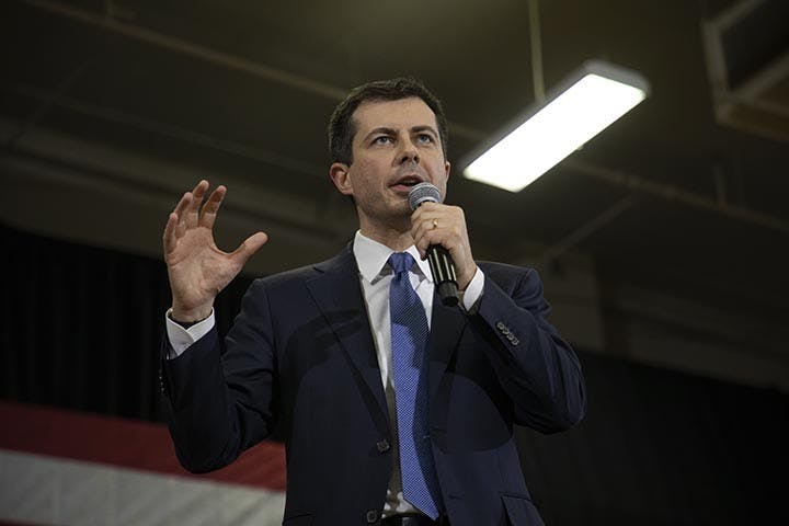 Democratic candidate Pete Buttegieg speaks to the attendees at the Get Out the Vote town hall style forum at a Seven Oaks Park the day before the primaries. Buttigieg answered many questions asked by the forums attendees.&nbsp;