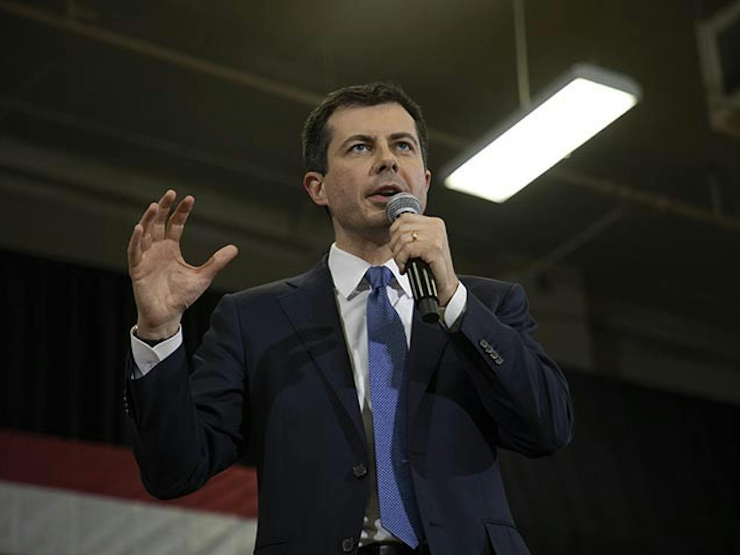 Democratic candidate Pete Buttegieg speaks to the attendees at the Get Out the Vote town hall style forum at a Seven Oaks Park the day before the primaries. Buttigieg answered many questions asked by the forums attendees.&nbsp;