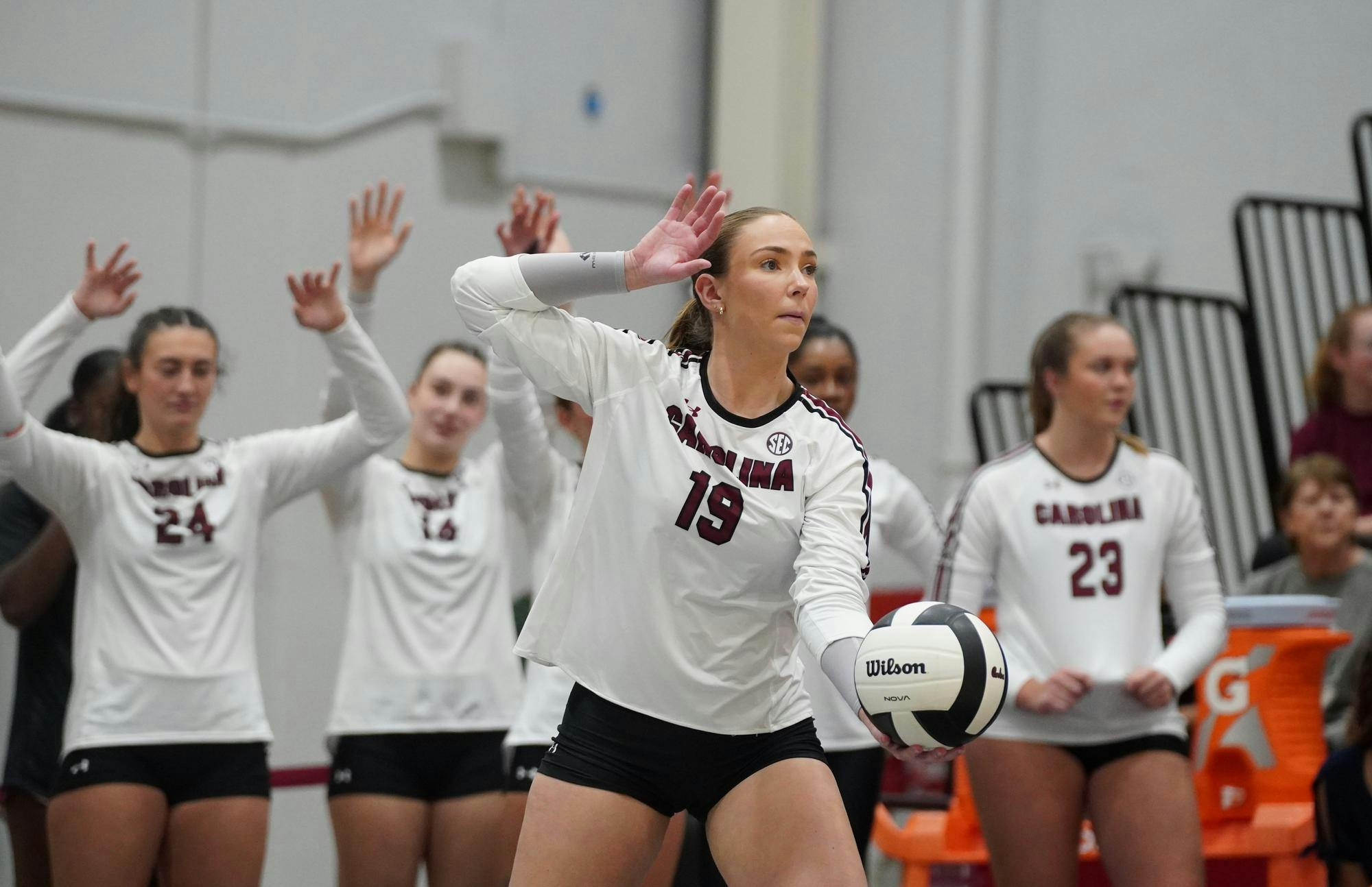 FILE — Junior defensive specialist/libero Elizabeth McElveen serves against USC Upstate at Carolina Volleyball Center on Sept. 19, 2025. The Gamecocks are 6-5 (0-1 SEC) on the season after opening conference play with a loss to Kentucky.