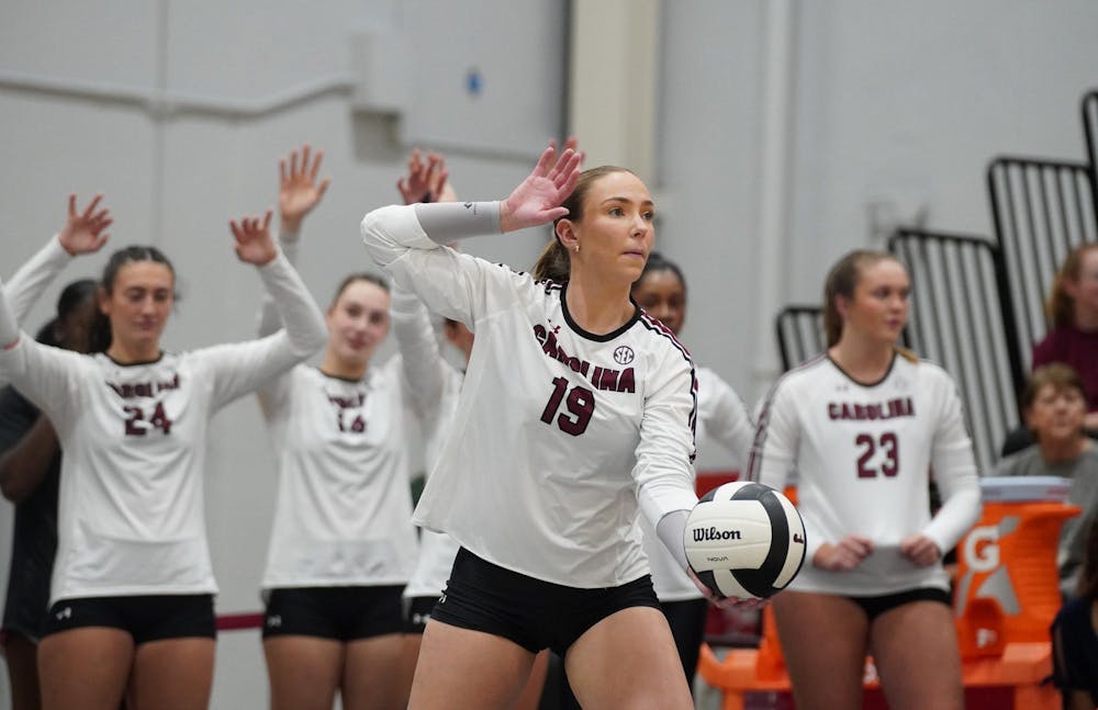 <p>FILE — Junior defensive specialist/libero Elizabeth McElveen serves against USC Upstate at Carolina Volleyball Center on Sept. 19, 2025. The Gamecocks are 6-5 (0-1 SEC) on the season after opening conference play with a loss to Kentucky.</p>