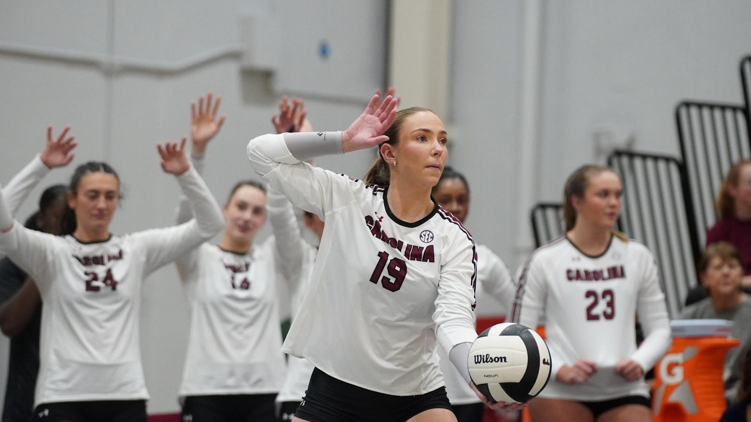 FILE — Junior defensive specialist/libero Elizabeth McElveen serves against USC Upstate at Carolina Volleyball Center on Sept. 19, 2025. The Gamecocks are 6-5 (0-1 SEC) on the season after opening conference play with a loss to Kentucky.
