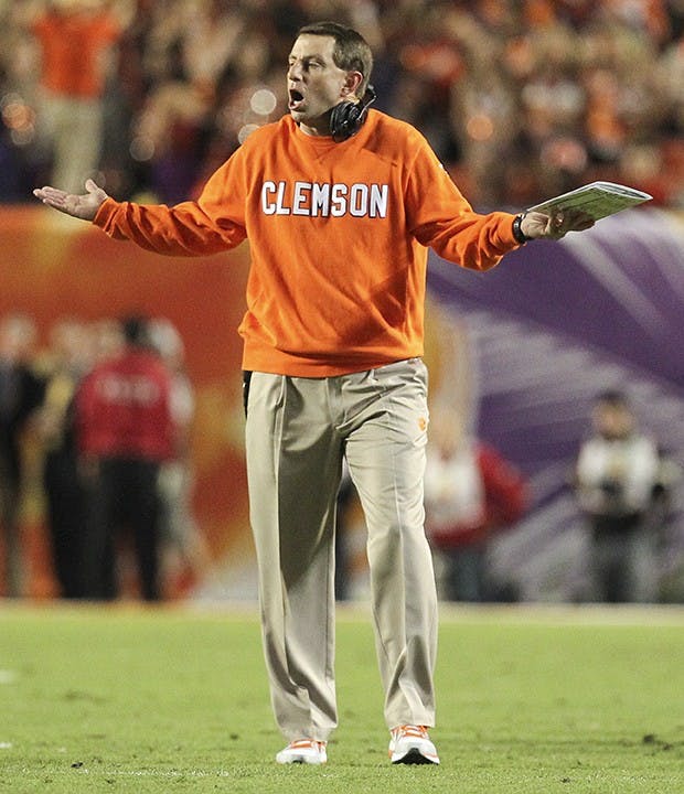 Clemson head coach Dabo Swinney gestures from the field in the first quarter against Ohio State in the Discover Orange Bowl at Sun Life Stadium in Miami Gardens, Fla., on Friday, Jan. 3, 2014. (Al Diaz/Miami Herald/MCT)