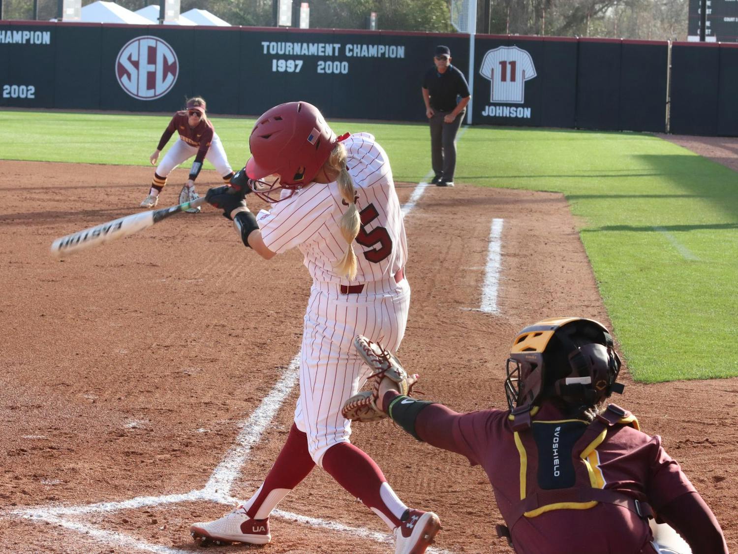 Redshirt junior outfielder Carlie Henderson swings in the game against Minnesota on March. 16, 2024. Henderson has a batting average of .385 for the 2024 season.
