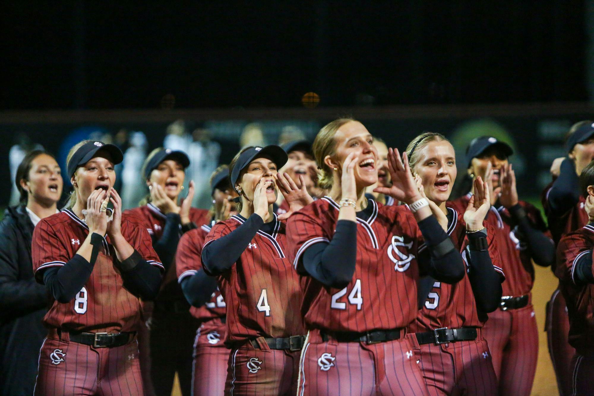 South Carolina leads the crowd in a "Gamecocks" chant after its victory over Kennesaw State at the Carolina Softball Stadium at Beckham Field on Feb. 14, 2026. The victory was part of a strong weekend performance, with South Carolina outscoring its opponents by a combined 18-2 in the doubleheader.
