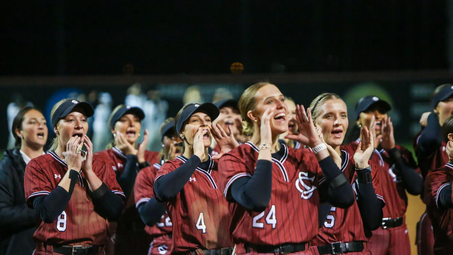South Carolina leads the crowd in a "Gamecocks" chant after its victory over Kennesaw State at the Carolina Softball Stadium at Beckham Field on Feb. 14, 2026. The victory was part of a strong weekend performance, with South Carolina outscoring its opponents by a combined 18-2 in the doubleheader.
