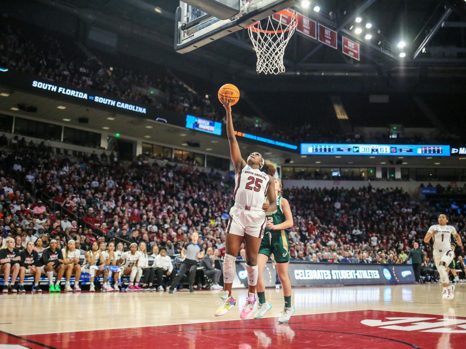 Redshirt freshman guard Raven Johnson goes for a breakaway layup during South Carolina’s game against South Florida in round two of the NCAA tournament at Colonial Life Arena on March 19, 2023. The Gamecocks defeated the Bulls 76-45.