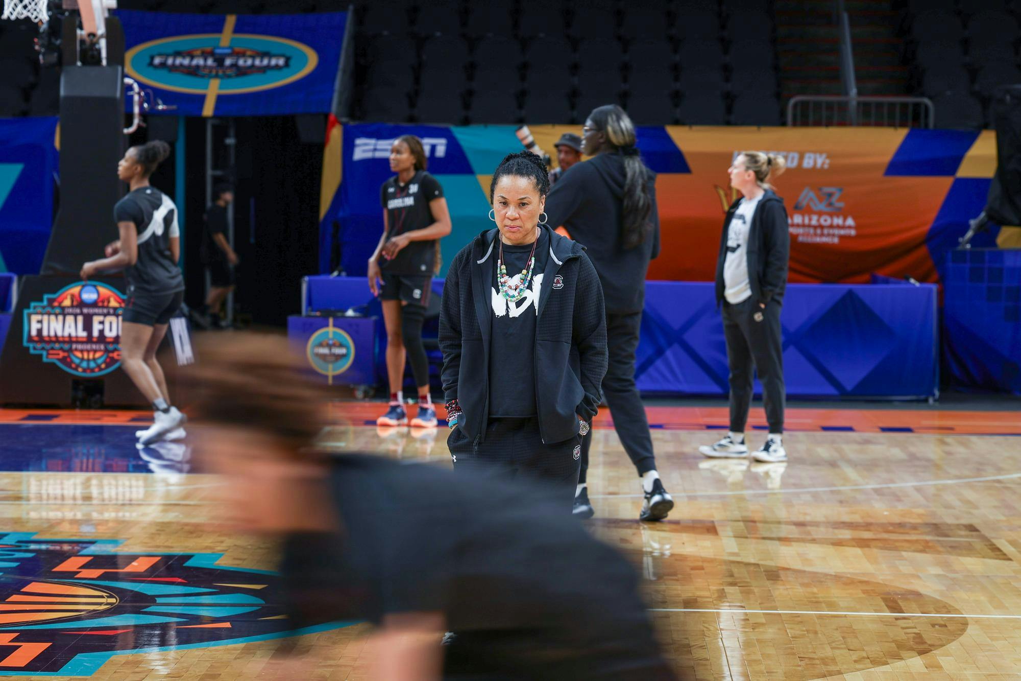 South Carolina women's basketball head coach Dawn Staley watches practice at Mortgage Matchup Center in Phoenix, Arizona, on April 2, 2026. The Gamecocks will face the UConn Huskies on April 3, 2026, in the Final Four.