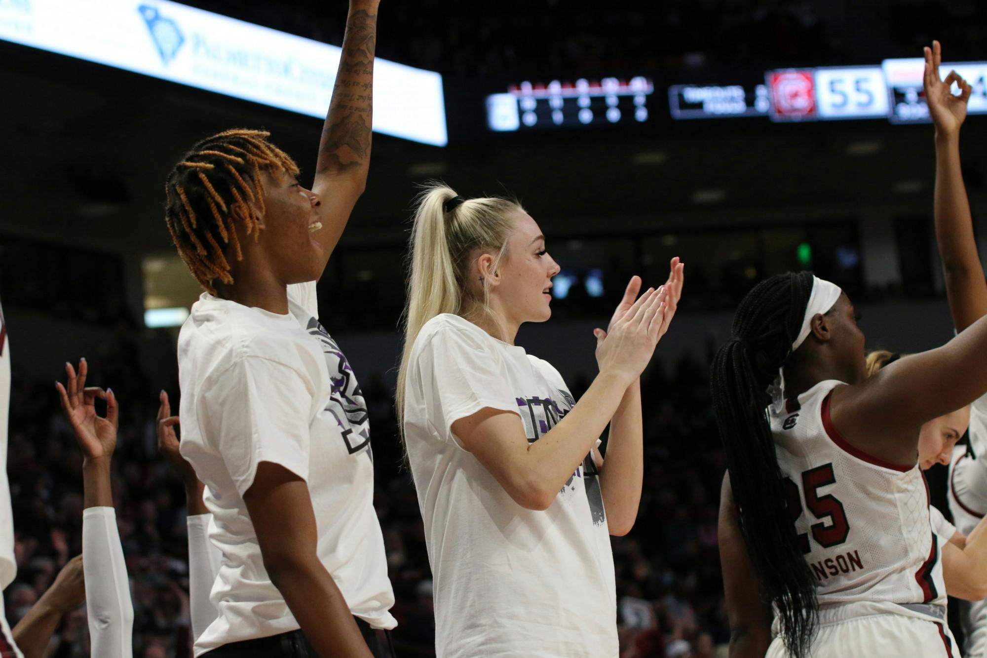 Freshman guard Talaysia Cooper and freshman forward Chloe Kitts celebrate a 3-pointer on Jan. 22, 2023. The Gamecocks defeated Arkansas 92-46.&nbsp;