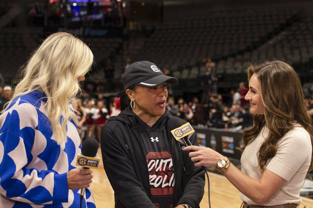 <p>FILE — Head coach Dawn Staley interviews with SEC Network’s Alyssa Lang and Steffi Sorensen during the Gamecock’s open practice at the Women’s Final Four on Mar. 30, 2023. South Carolina fell in its third consecutive Final Four appearance to Iowa.</p>