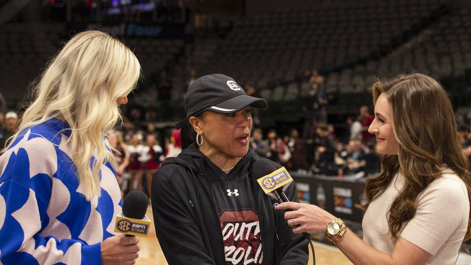 FILE — Head coach Dawn Staley interviews with SEC Network’s Alyssa Lang and Steffi Sorensen during the Gamecock’s open practice at the Women’s Final Four on Mar. 30, 2023. South Carolina fell in its third consecutive Final Four appearance to Iowa.