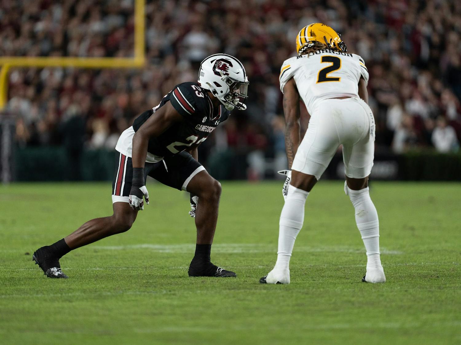 Sophomore running back Djay Braswell gets set at the line of scrimmage while waiting for the ball to be snapped during South Carolina's matchup against Missouri at Williams-Brice Stadium. The Gamecocks defeated the Tigers 34-30 in a back-and-forth battle that came down to the final minute of the game.