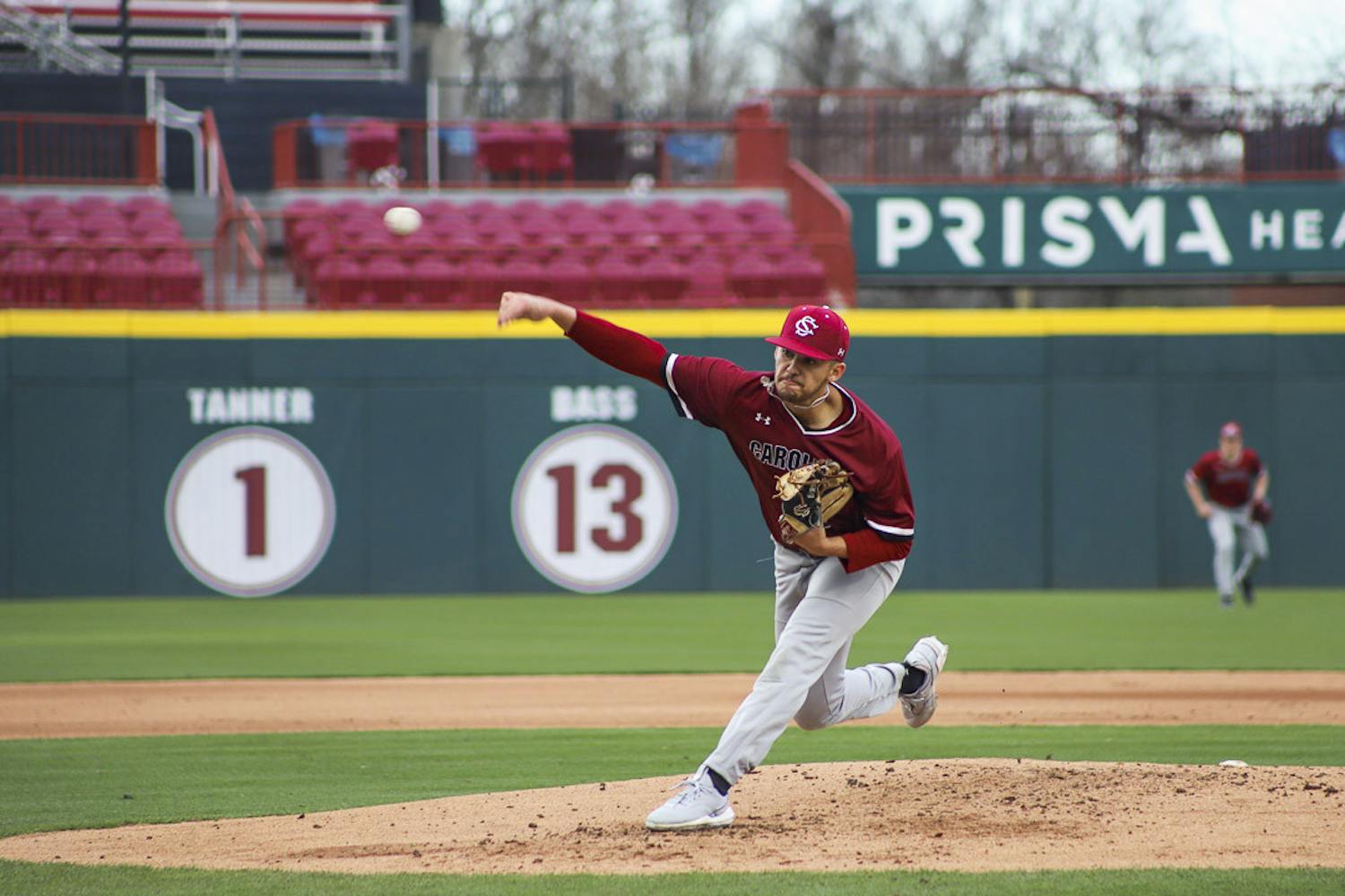 Senior pitcher Noah Hall pitches for team Garnet in the first scrimmage of the season on Jan. 23, 2023. Hall is returning to play for South Carolina after making the 20th-round pick by the Milwaukee Brewers in July 2022.