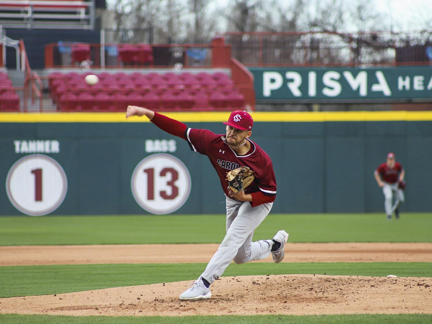 Senior pitcher Noah Hall pitches for team Garnet in the first scrimmage of the season on Jan. 23, 2023. Hall is returning to play for South Carolina after making the 20th-round pick by the Milwaukee Brewers in July 2022.