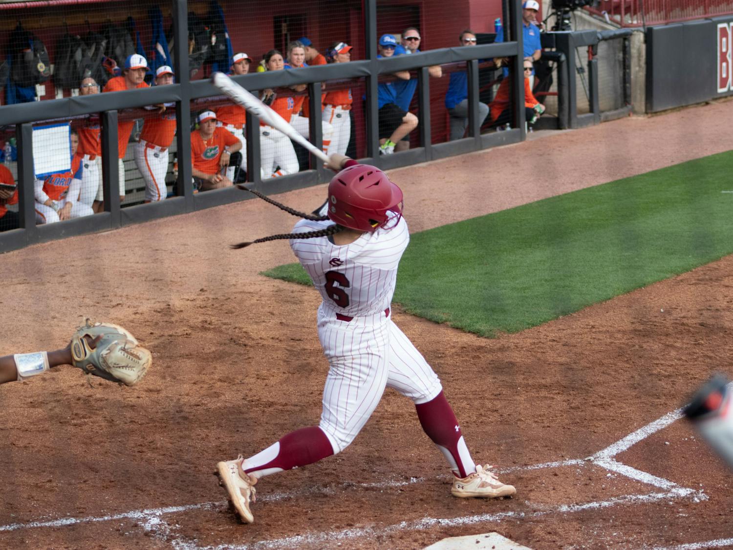 Fifth-year infielder Jordan Fabian swings during an at-bat against Florida on March 31, 2023, at Beckham Field. The Gamecocks beat the Gators 13-10 in the first game of the weekend.