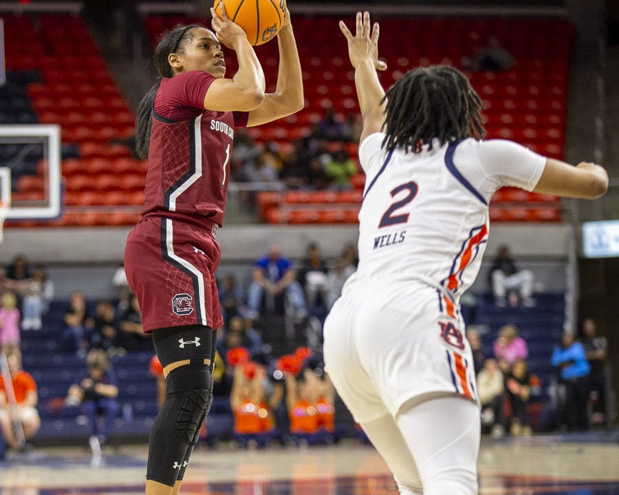 Senior guard Zia Cooke puts up a shot during the matchup against Auburn on Feb. 9, 2023. Cooke scored 15 points and added four assists for the Gamecocks.&nbsp;