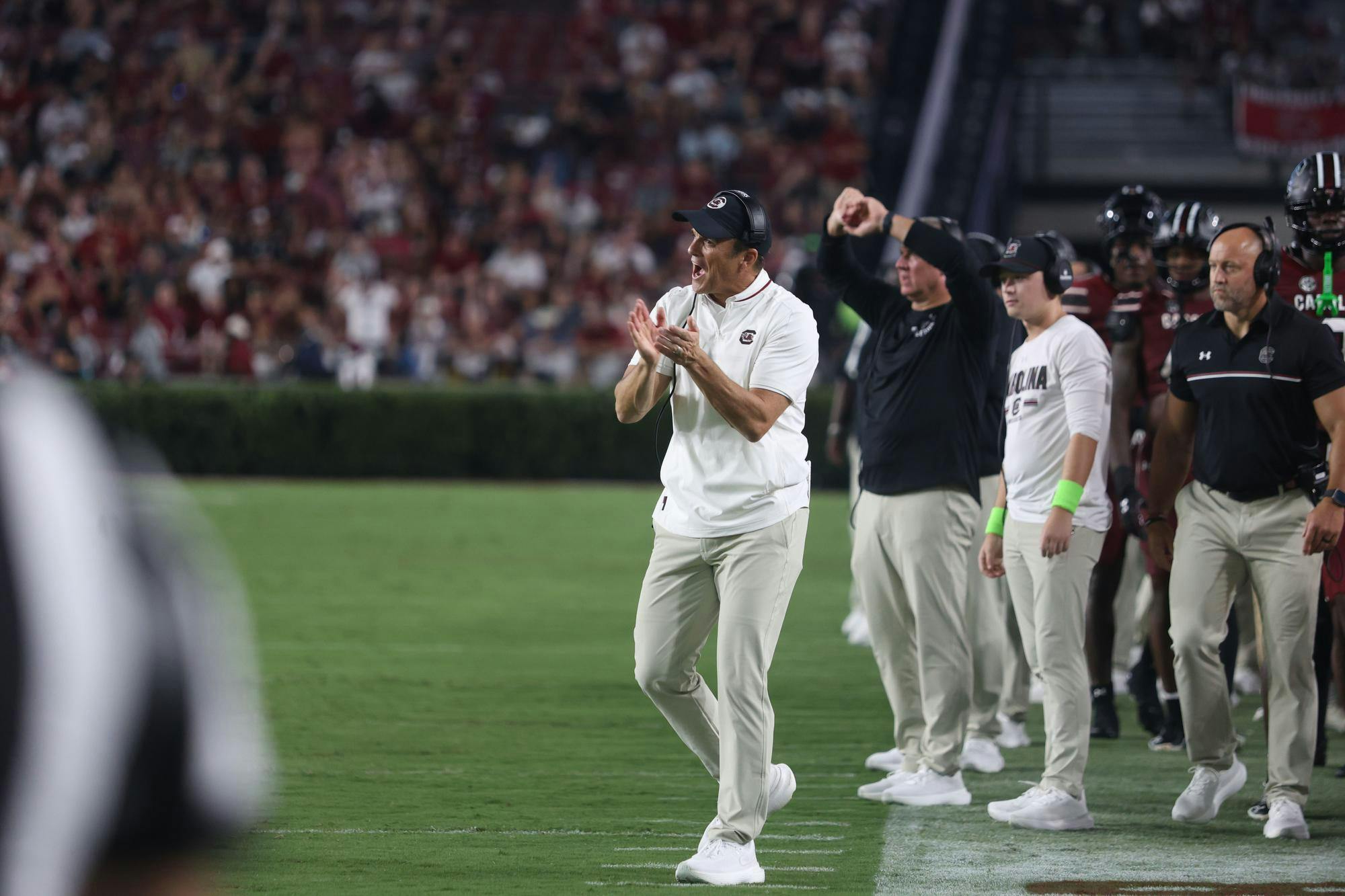 FILE — South Carolina football head coach Shane Beamer claps on the sideline during a game against SC State on Sept. 6, 2025, at Williams-Brice Stadium. Beamer has been the head coach at South Carolina since 2021 and previously held coaching positions at Oklahoma, Georgia and Virginia Tech, among other schools.