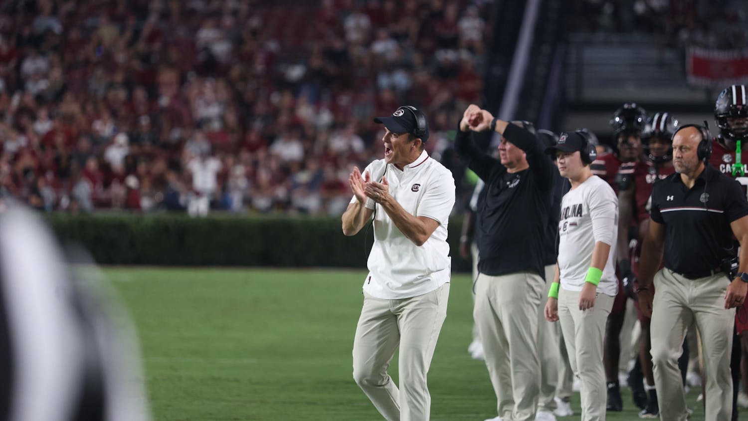FILE — South Carolina football head coach Shane Beamer claps on the sideline during a game against SC State on Sept. 6, 2025, at Williams-Brice Stadium. Beamer has been the head coach at South Carolina since 2021 and previously held coaching positions at Oklahoma, Georgia and Virginia Tech, among other schools.