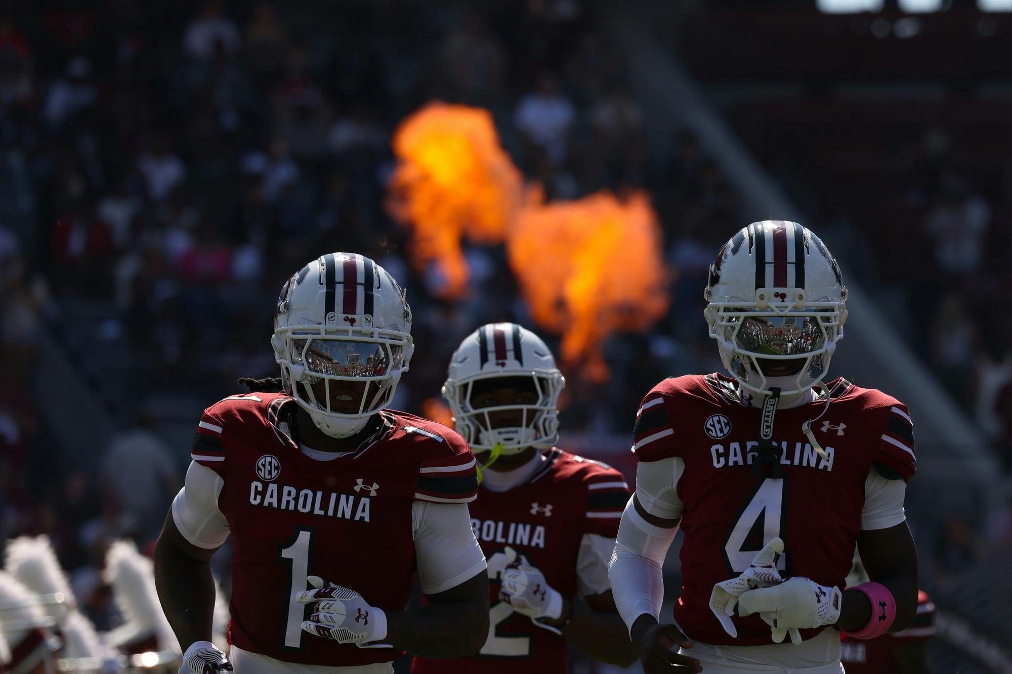 The South Carolina Gamecocks played against the Oklahoma Sooners on Oct. 18, 2025, at Williams-Brice Stadium.&nbsp;The Gamecocks run out during the 2001 entrance, surrounded by fire and smoke.