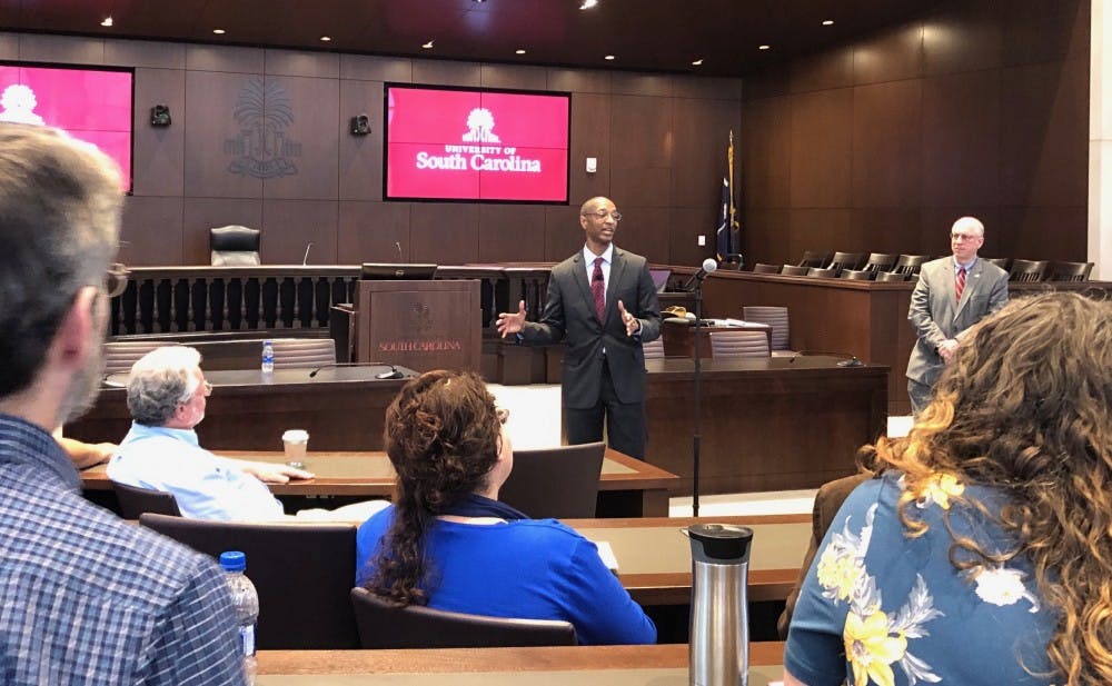 William Tate IV is a finalist in the University of South Carolina's selection of a university president following the retirement of Harris Pastides. He spoke at a faculty forum at the USC School of Law on April 23, 2019.