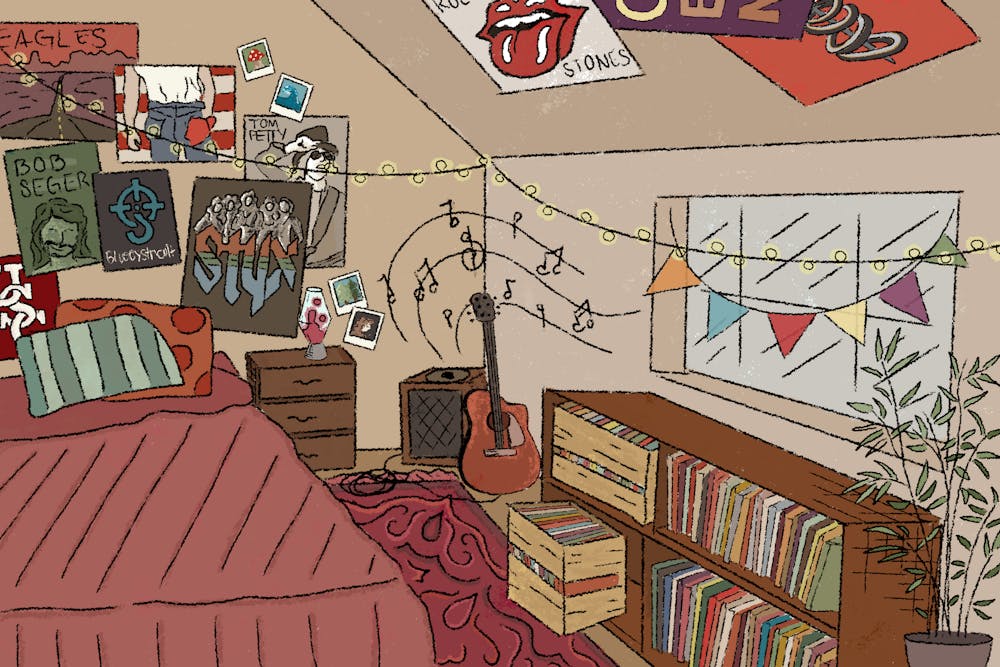 A room filled with vintage band posters, records on a shelf, and music floating through the air coming from a speaker