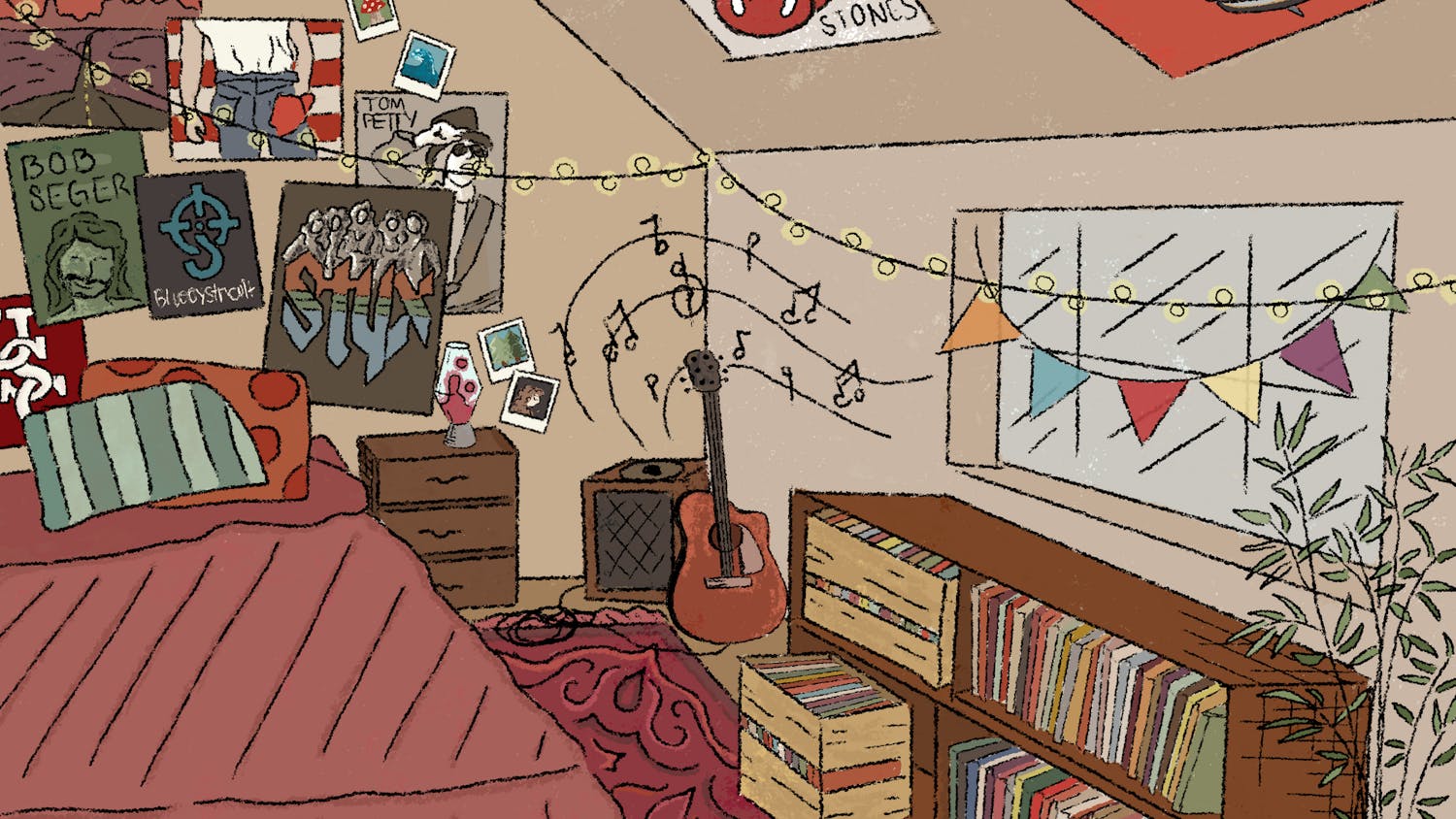 A room filled with vintage band posters, records on a shelf, and music floating through the air coming from a speaker