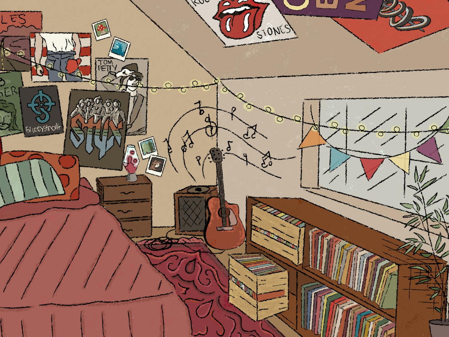 A room filled with vintage band posters, records on a shelf, and music floating through the air coming from a speaker