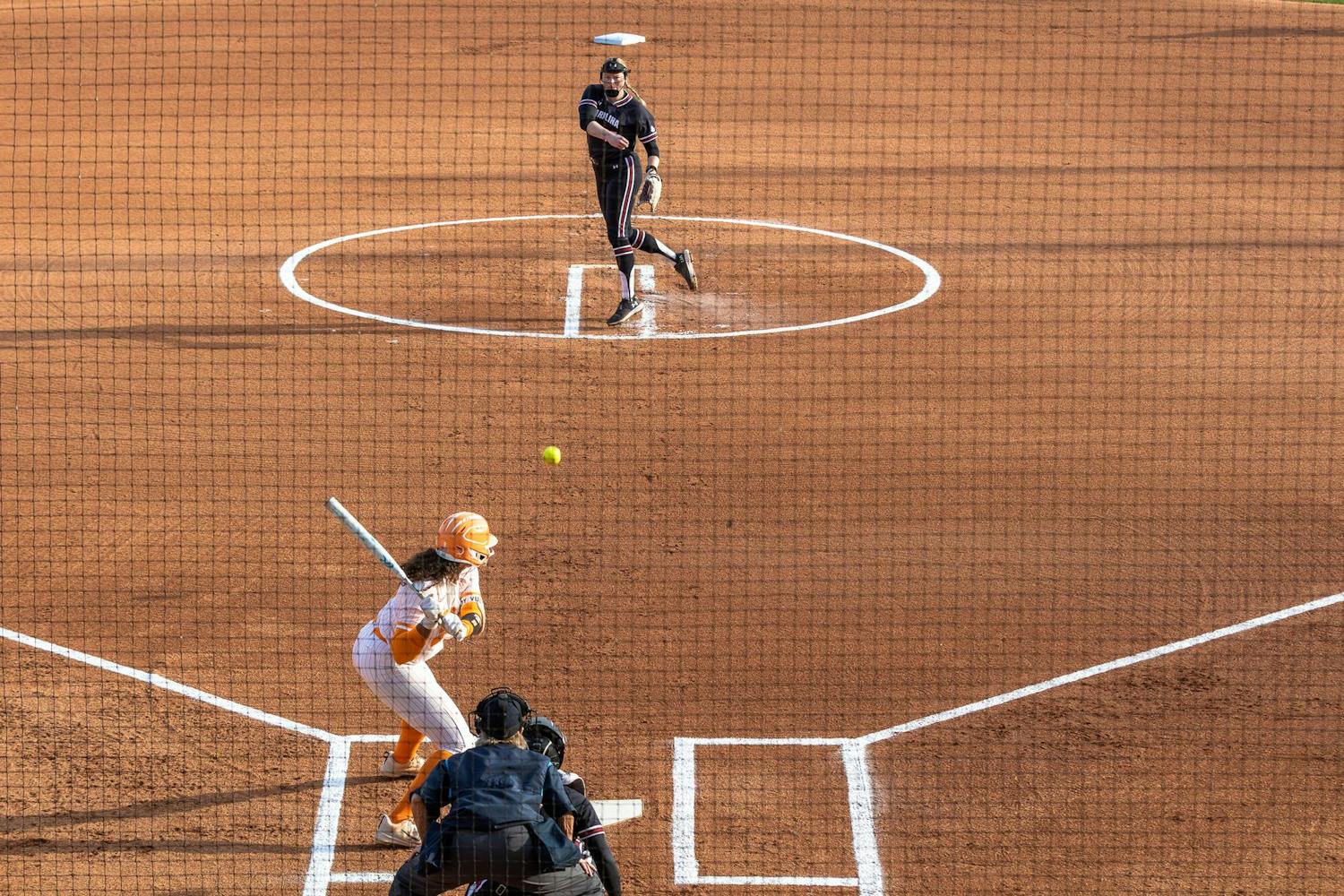 Fifth-year pitcher Alana Vawter throws a pitch in the first inning of the second game of the series against the University of Tennessee on March 24, 2024. During the three innings pitched, Vawter allowed five hits, four errors and struck out two batters.
