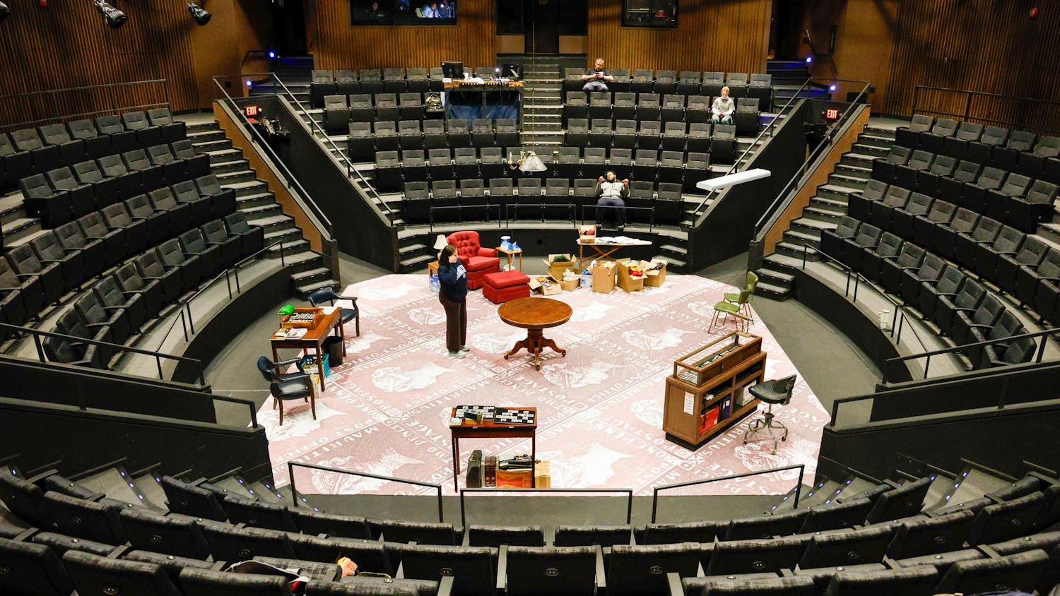 An array of newly installed seats surround the stage during a dress rehearsal for "Mauritius" at Longstreet Theater on Feb. 18, 2025. "Mauritius" will be the first play put on since the interior renovations to Longstreet Theatre.