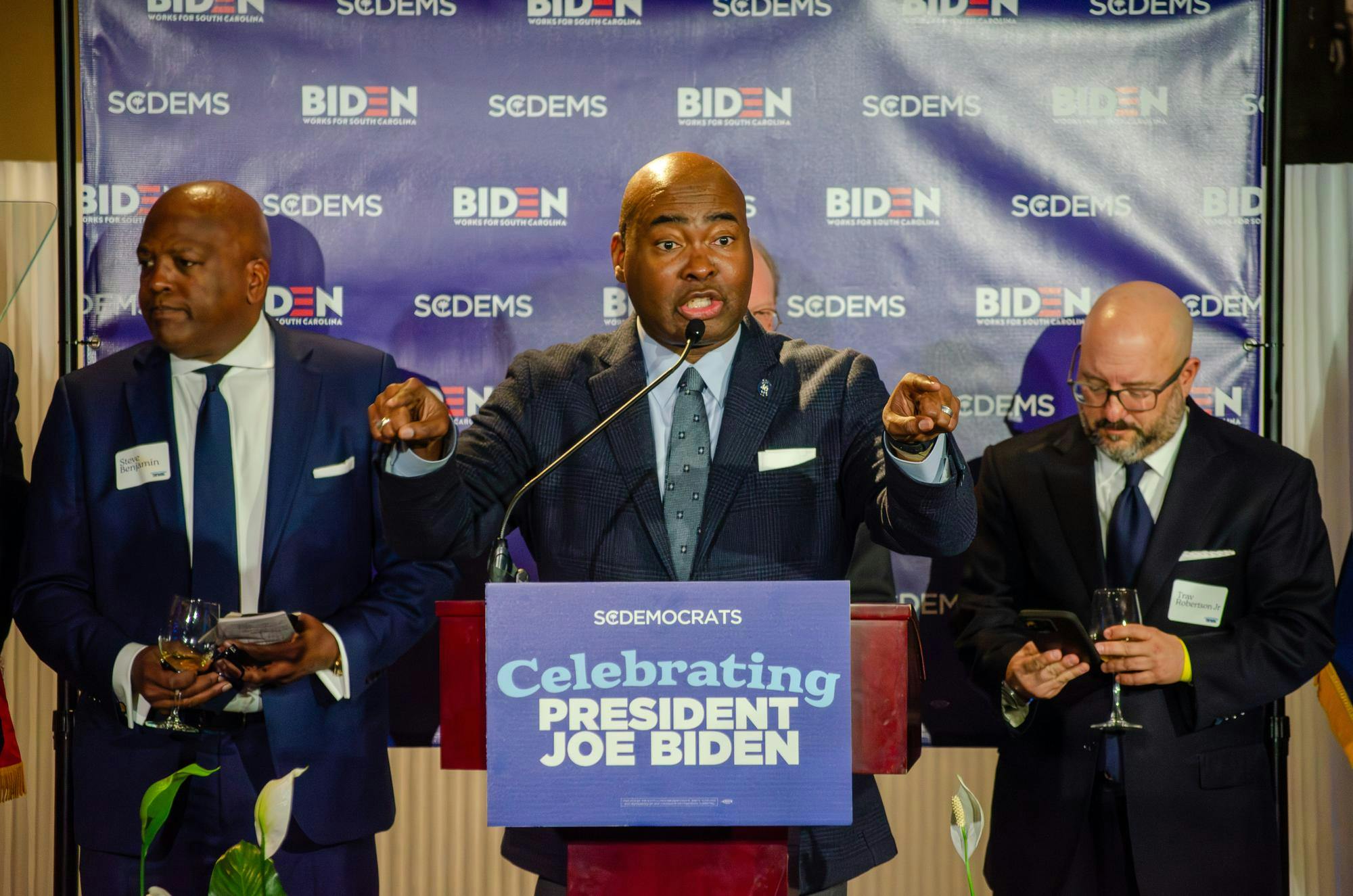 Former Democratic Party Chair Jaime Harrison urges audience members to run for political office at an event honoring former President Joe Biden at the Columbia Museum of Art at 1515 Main St., Columbia, South Carolina, Feb. 27, 2026. Harrison was nominated by then-President Biden to be the party chair in 2021 and served four years.