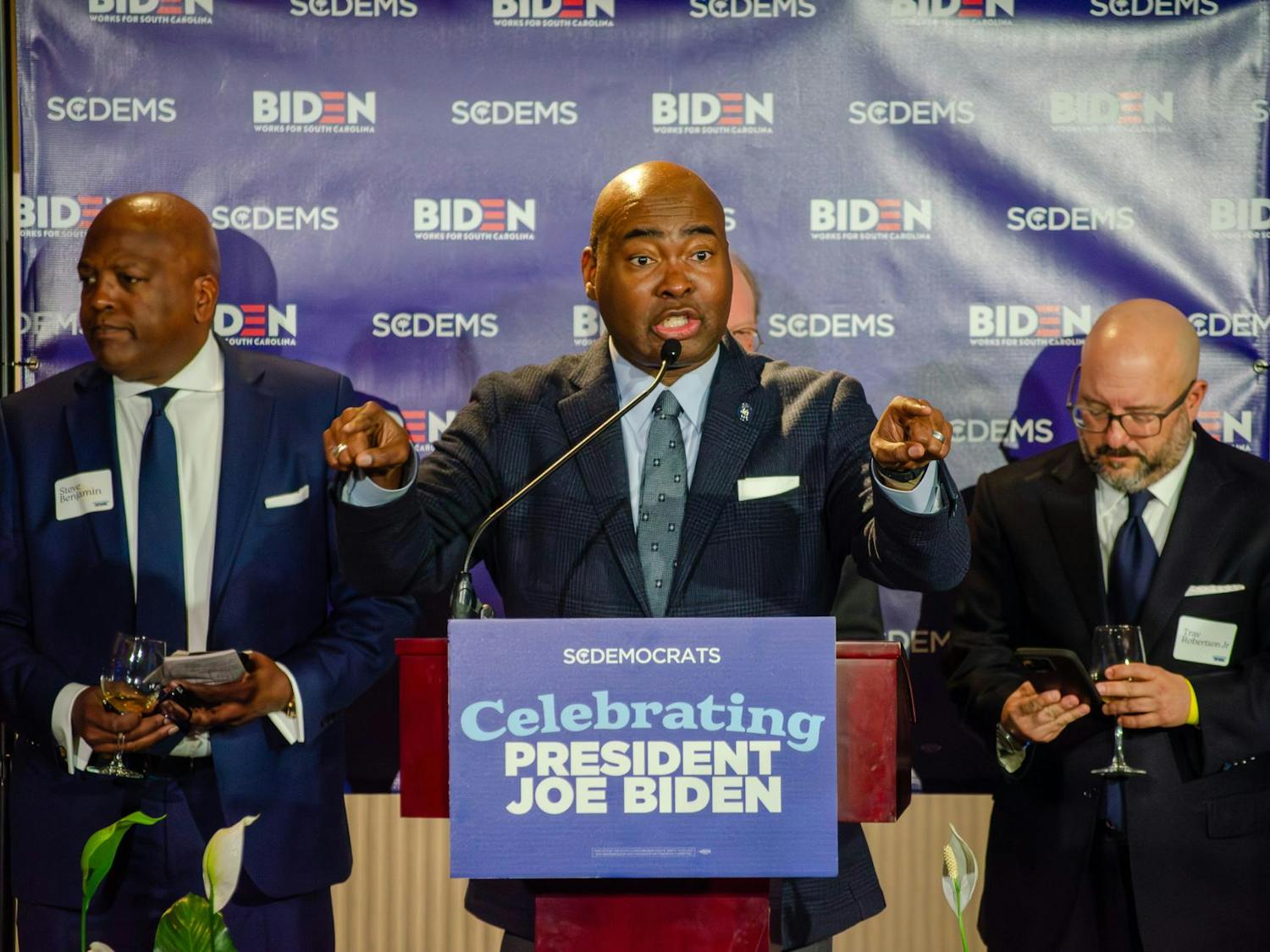 Former Democratic Party Chair Jaime Harrison urges audience members to run for political office at an event honoring former President Joe Biden at the Columbia Museum of Art at 1515 Main St., Columbia, South Carolina, Feb. 27, 2026. Harrison was nominated by then-President Biden to be the party chair in 2021 and served four years.