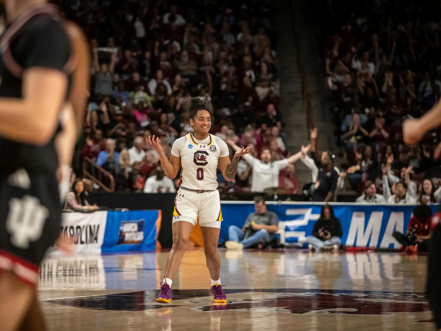 Senior guard Te-Hina Paopao celebrates as she scores a 3-pointer against the Indiana Hoosiers on March 23, 2025. Paopao had 9 points and two assists for the Gamecocks.