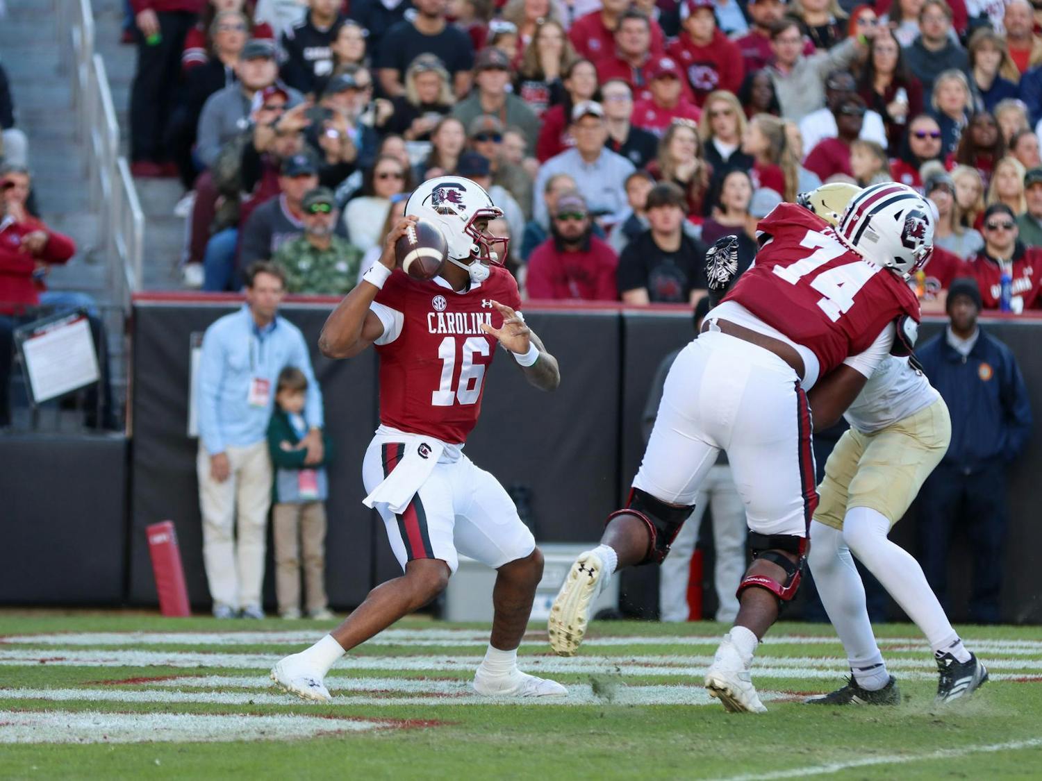 Redshirt freshman quarterback LaNorris Sellers searches for a target to throw the ball to during the game against Wofford. Sellers had 307 passing yards against the Terriers.