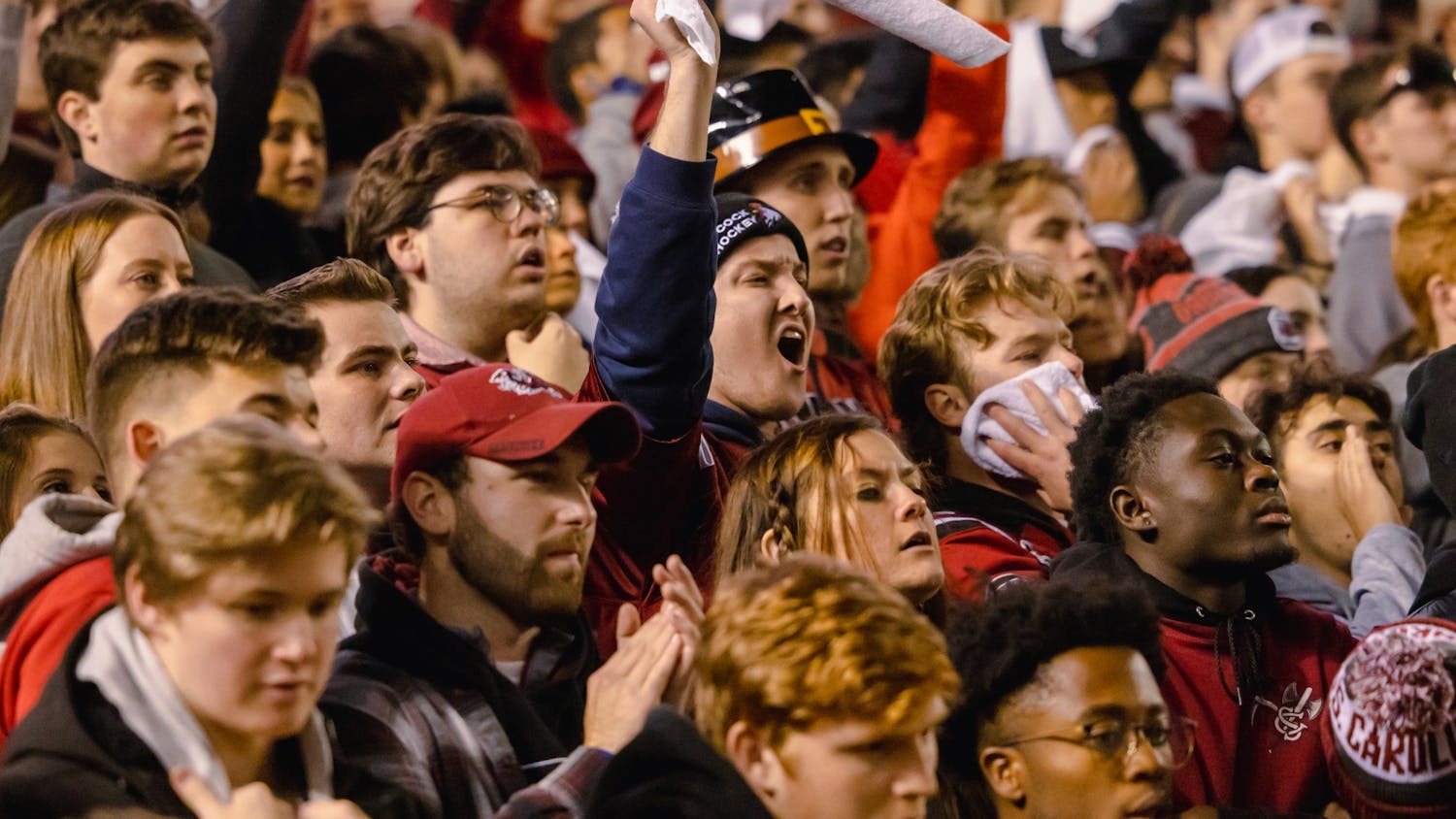 Students cheer for the Gamecocks as they play in the Palmetto Bowl against the Clemson Tigers on Nov. 27, 2021. The Tigers beat the Gamecocks 30-0.&nbsp;
