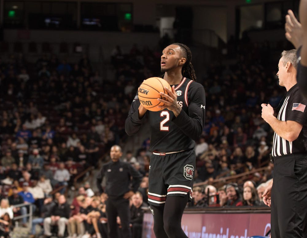 <p>FILE – Junior guard Zachary Davis looks to pass the ball as the Gamecocks face off against Florida on Jan. 22, 2025, at Colonial Life Arena. Davis had 22 points in the Gamecocks 70-69 loss to the Gators.</p>